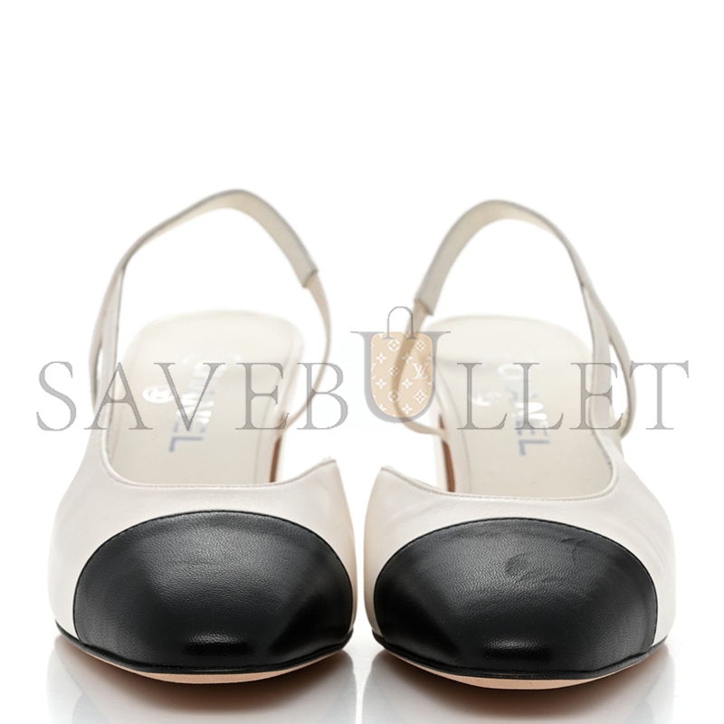 CHANEL LAMBSKIN CAP TOE CC SLINGBACK PUMPS WHITE BLACK 